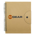 A spiral-bound notebook with a brown cover and a button closure, featuring a logo on the front.