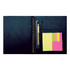 A navy blue notebook with a spiral binding, featuring sticky notes in pink and yellow and a pen.