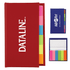 A red adhesive note marker strip book with various colourful sticky notes, alongside two smaller note flag organisers.