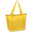 A yellow cooler bag with a zip closure and two long handles, featuring a front pocket and a logo.