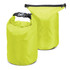 A bright yellow dry bag with a roll-top closure, featuring black straps and buckle. Suitable for a variety of outdoor activities.