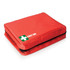 A red first aid kit with a zip closure and a green and white logo featuring a cross.