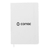 A white notebook with a logo on the cover and a ribbon marker. Suitable for office and business use.