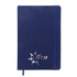 A blue A5 notebook with a textured cover and an elastic band, featuring a logo on the front.