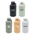 A drink bottle collection featuring black, green, peach, white, and grey finishes, each with a unique logo.