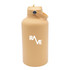 A drink bottle in a soft peach colour with a handle and a logo. Features a twist-off lid and a sturdy design.
