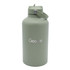 A drink bottle in a muted green colour with a silver handle and a logo on the front.