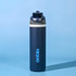 A drink bottle in navy blue featuring a lid and a logo. Designed for hydration with a sleek profile.