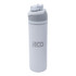 A drink bottle in white with grey accents, featuring a logo on the side and a flip-top lid.