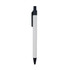 A black and white pen with a retractable tip and a clip for easy attachment. Features a simple design.