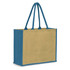 A jute tote bag in natural and blue, featuring two long handles and a simple design.