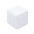 A white cube with a smooth surface and rounded dots on each side, featuring a logo.