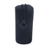 A black cylindrical pouch with a zipper and a small loop, featuring a branded logo.