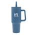 A drink bottle featuring a blue design, a handle, and a straw, with a logo on its side.