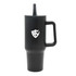 A drink bottle in matte black with a handle and a straw, featuring a logo on one side.