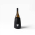 A black wine cooler holds a bottle of wine, featuring a circular logo on the front.