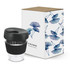 A drink bottle with a clear cup and black silicone sleeve, packaged in a decorative box featuring floral designs.
