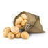 A large jute produce bag in a natural colour with potatoes spilling out, featuring a logo on the side.