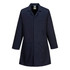 A navy blue coat with a collar, long sleeves, and multiple front pockets. It features a branding logo.