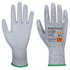 A pair of grey gloves with a textured surface and a green trim. The gloves are branded and feature a cut resistance rating.