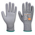 A pair of grey gloves with a textured finish, featuring a logo and an ANSI cut rating.