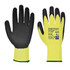 Cut resistant gloves featuring a yellow and black design, with a branded label and a green cuff.