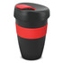 A drink bottle featuring a black body with a red silicone band and a black lid. It has a branding logo on it.