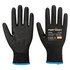 Two black nitrile foam gloves with a textured grip, featuring a blue trim at the wrist and a logo on one glove.