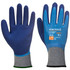 A pair of gloves featuring a blue latex coating and grey knit cuffs, with a visible logo and branding.