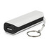 A white and black power bank with a keyring attachment and multiple USB ports. It has a sleek, rectangular design.