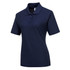 A navy blue women's polo shirt with short sleeves and a classic collar, featuring a logo on the chest.