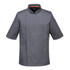 A short-sleeved grey chef jacket with an orange accent and a logo on the chest area.