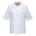 A white chef's jacket with short sleeves and an orange accent, featuring a logo on the sleeve.