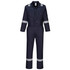 A navy cotton coverall with reflective stripes, featuring a zip front and multiple pockets. It has a logo on the sleeve.