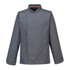 A grey long-sleeve jacket featuring a high collar and a logo, suitable for various casual settings.