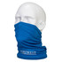 A blue anti-microbial multiway scarf displayed on a white mannequin head. It features a logo on the front.