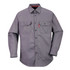 A grey work shirt with two chest pockets and long sleeves, featuring a logo on one sleeve.
