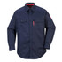 A navy blue long-sleeve work shirt featuring two chest pockets and a logo on the sleeve.