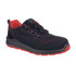 A black and red safety trainer featuring a breathable upper and a logo, designed for protective footwear.