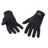 A pair of black knit gloves with a ribbed cuff and a logo on one cuff.