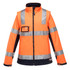An orange softshell jacket with reflective stripes and a logo on the chest pocket.