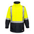 A hi-vis jacket featuring bright yellow and navy blue colours, with reflective strips and a collar. It has a logo.