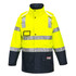 A bright yellow rain jacket with reflective stripes and navy blue sleeves, featuring a logo on the front.