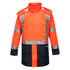 A hi-vis jacket in bright orange with reflective strips and a black base, featuring a logo. Ideal for workwear.