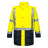 A hi-vis jacket in vibrant yellow with silver reflective strips and a navy bottom panel, featuring a hood and front buttons.