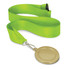 A gold podium medal with a blank center, attached to a vibrant green ribbon.