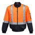 A high-visibility bomber jacket in bright orange with silver reflective stripes and black accents, featuring a logo.