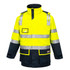 A hi-vis yellow and navy work jacket with reflective stripes and a logo on the front.