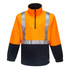 A bright orange and navy fleece top with reflective strips and a half-zip collar. It has a logo on the sleeve.
