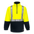 A high-visibility fleece top in fluorescent yellow with navy accents and reflective stripes, featuring a zip collar and brand logo.